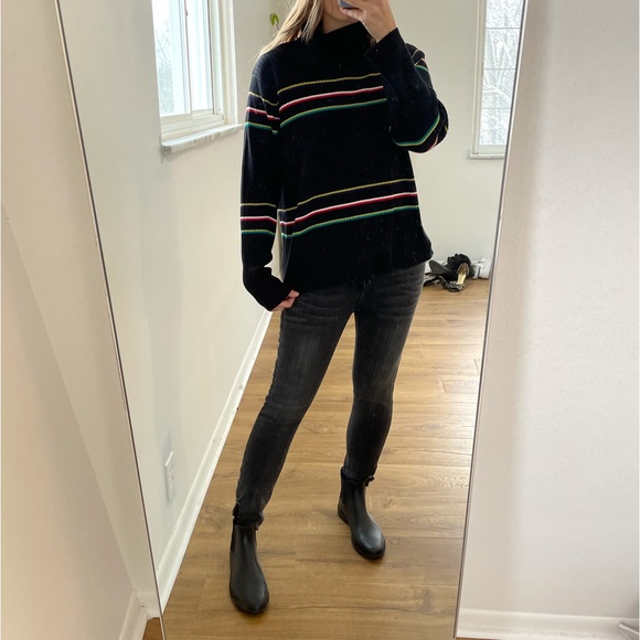 Women’s turtle neck stripe black sweater with pops of color rib knit size L - Picture 2 of 12